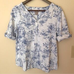 Chico’s Botanical-Print Cotton-Blend Slub Henley Tee White Blue Toile Top